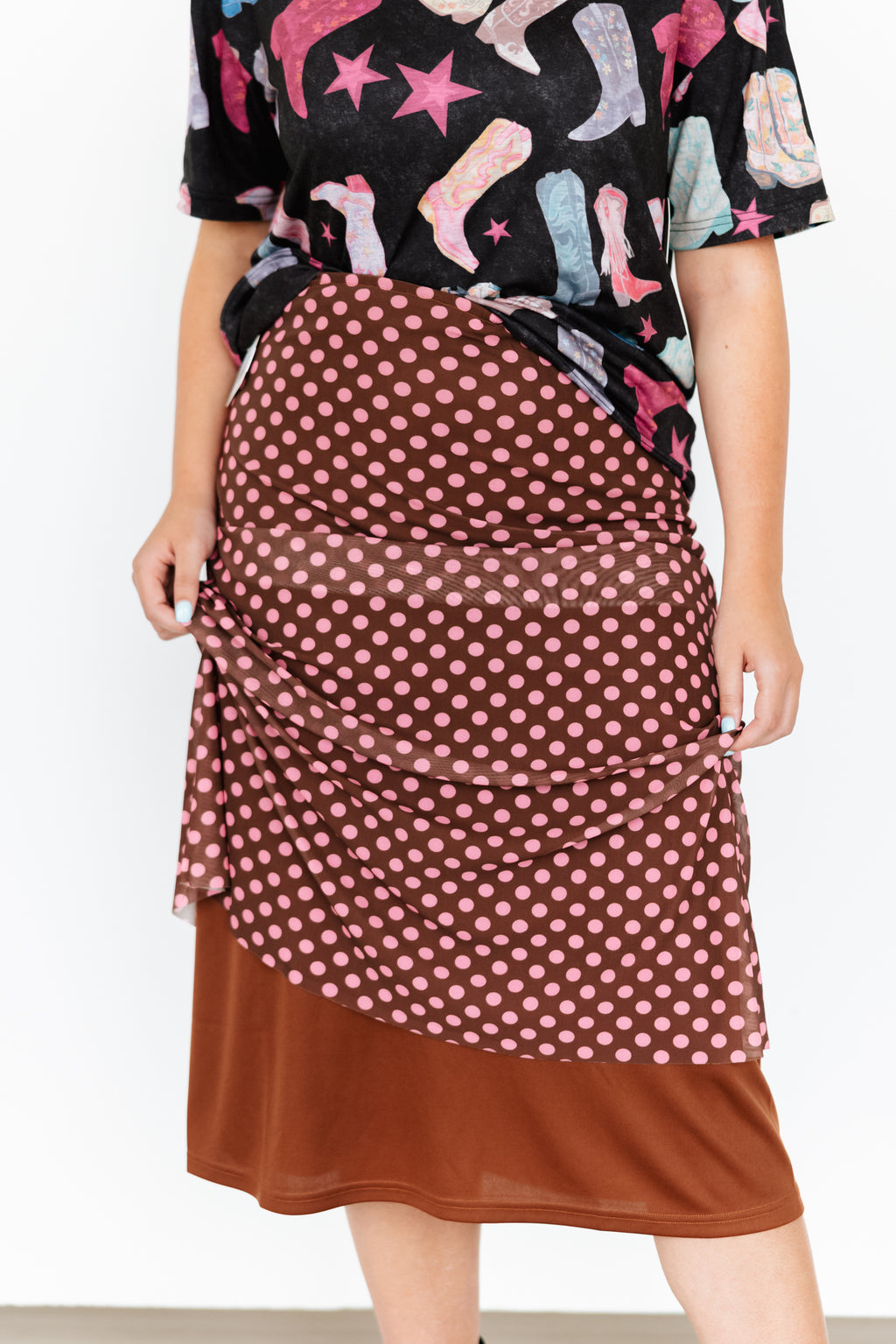 VR401 BROWN PINK DOT MESH MAXI SKIRT (7 Piece)
