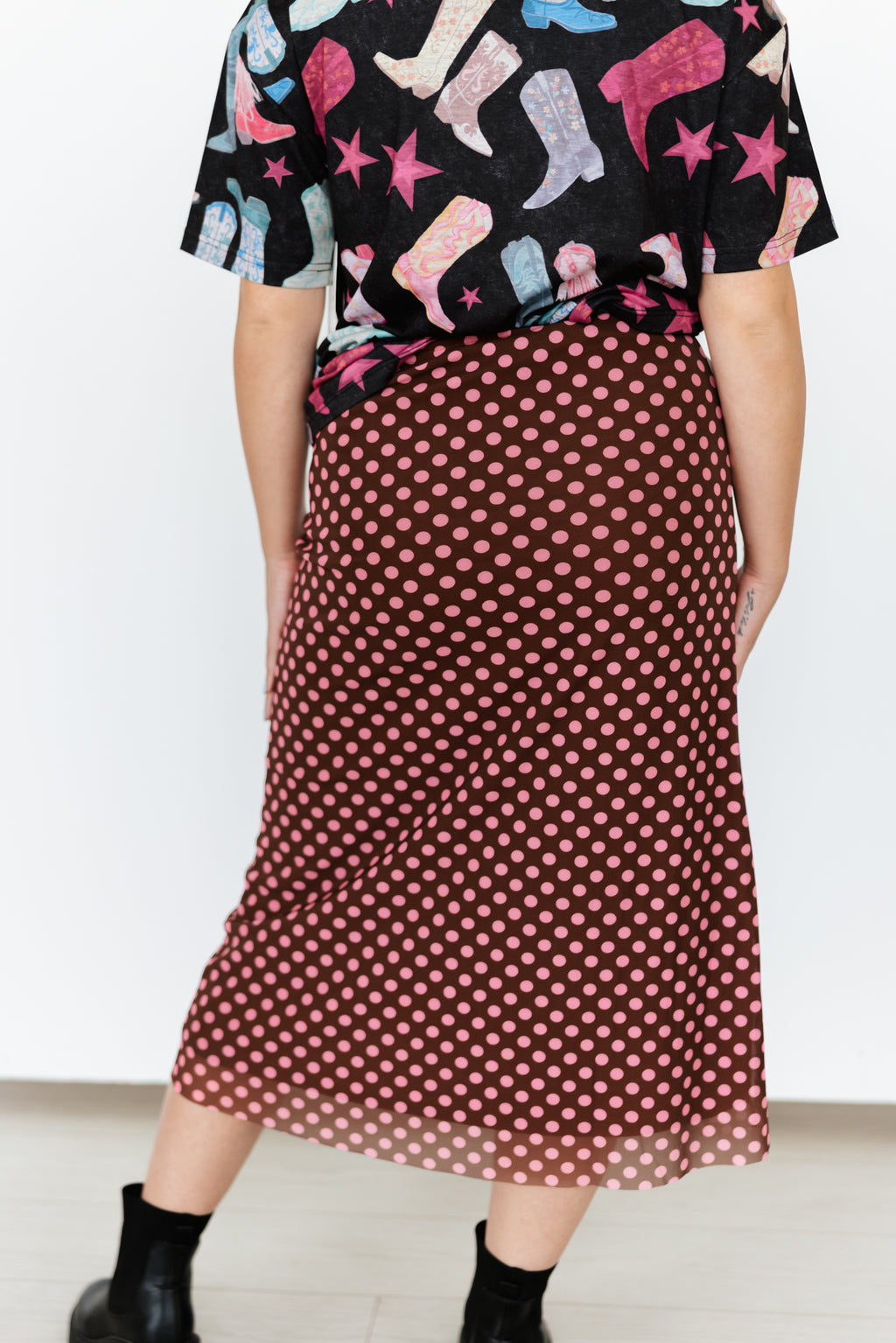 VR401 BROWN PINK DOT MESH MAXI SKIRT (7 Piece)