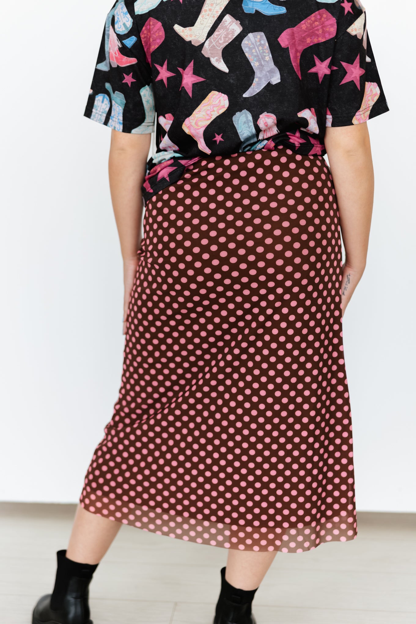 VR401 BROWN PINK DOT MESH MAXI SKIRT (7 Piece)