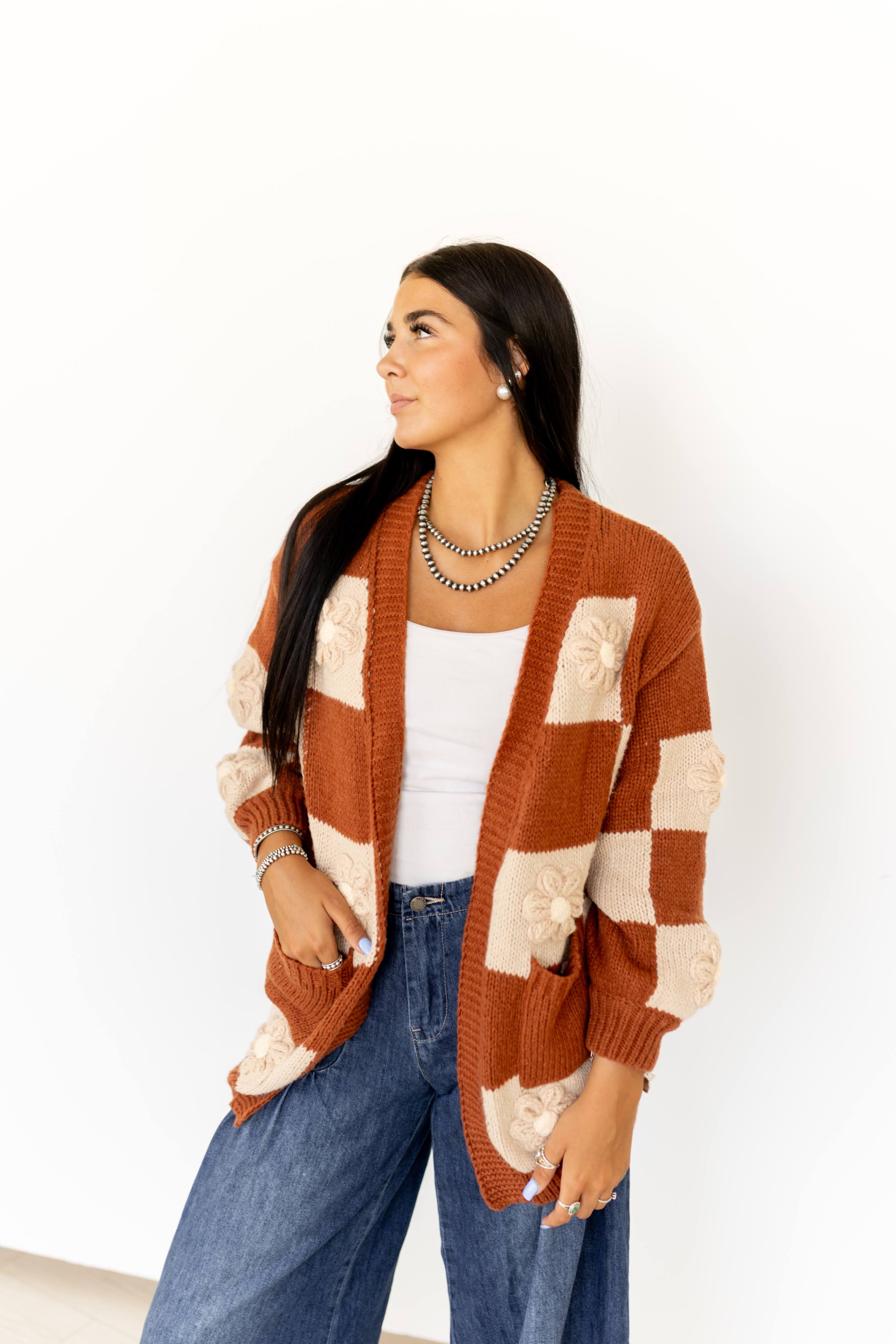 VR2563 BROWN CHECK FLOWER PUFF CARDI (7 PIECE)