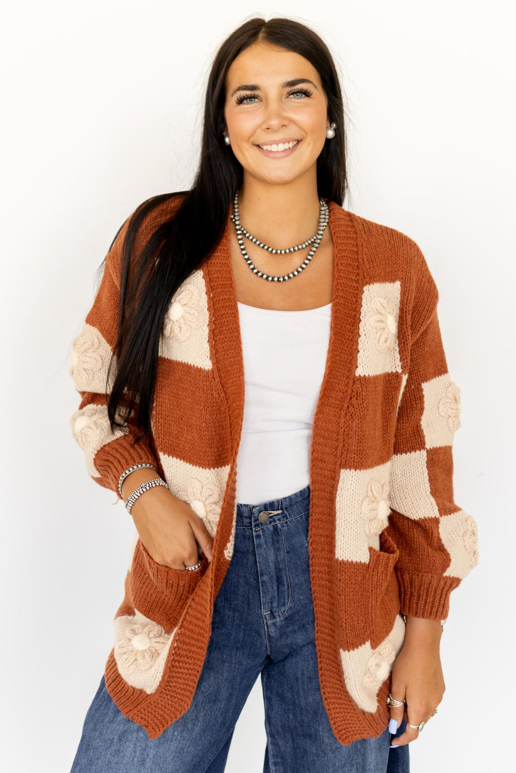 VR2563 BROWN CHECK FLOWER PUFF CARDI (1 PIECE)