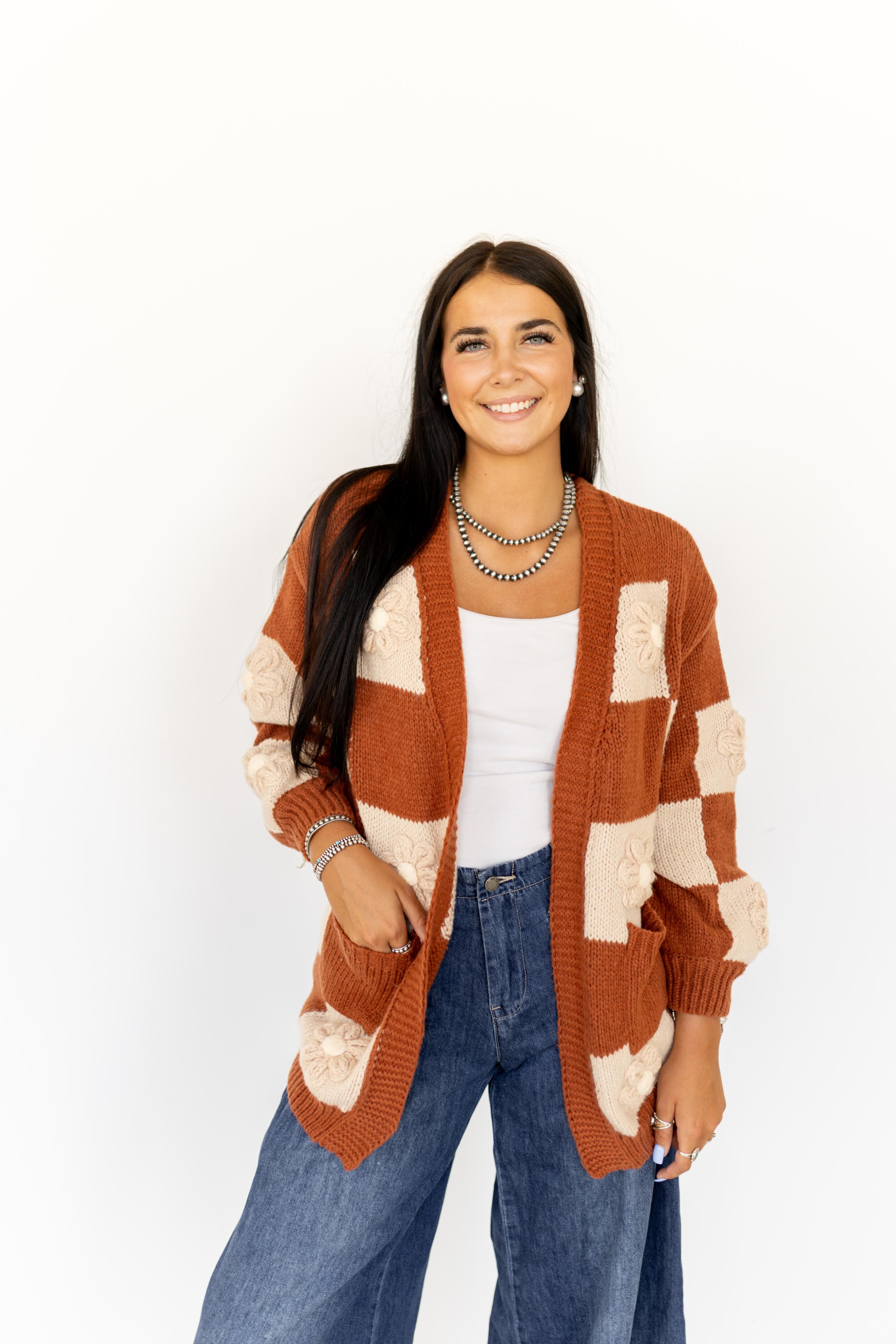 VR2563 BROWN CHECK FLOWER PUFF CARDI (7 PIECE)