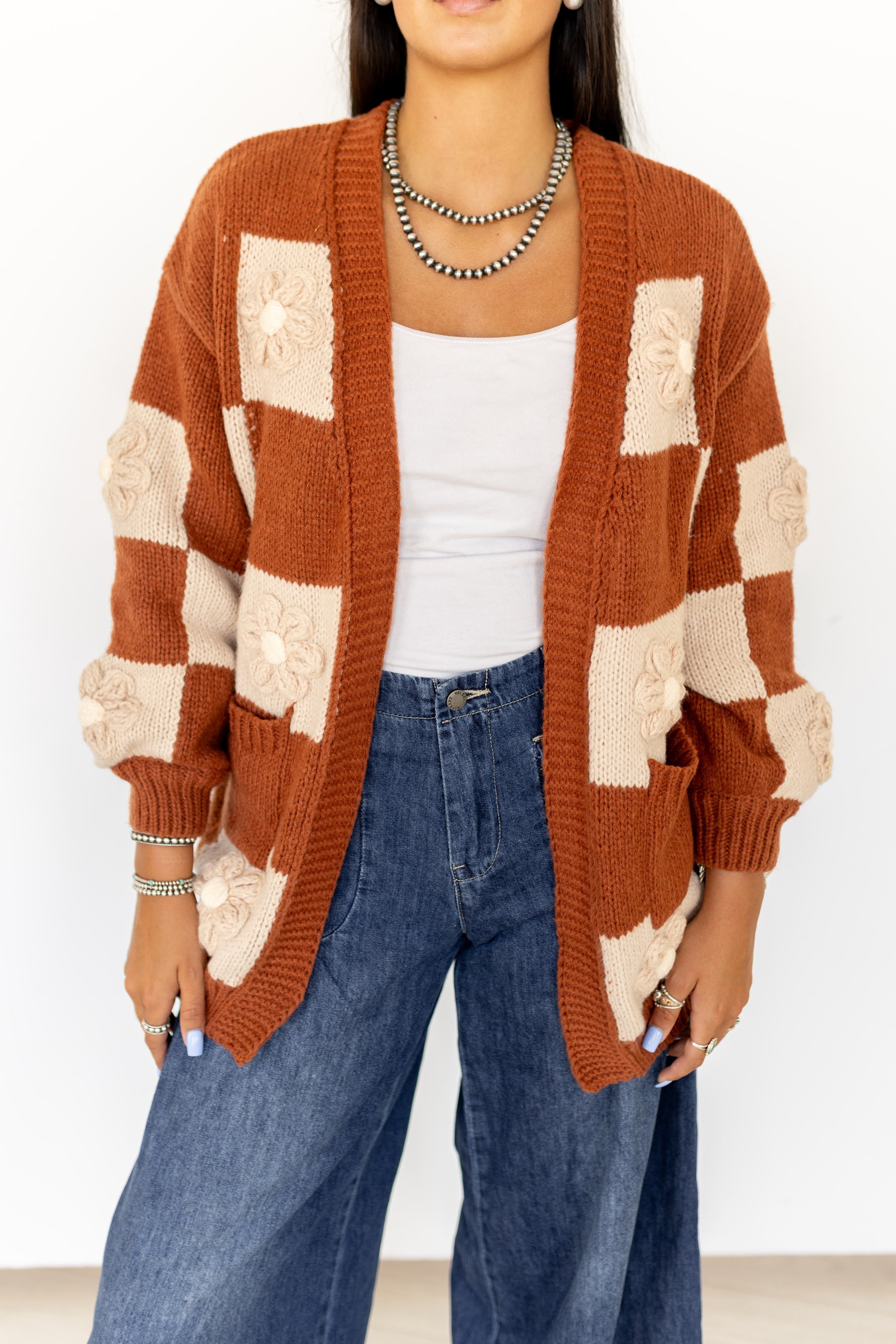 VR2563 BROWN CHECK FLOWER PUFF CARDI (1 PIECE)