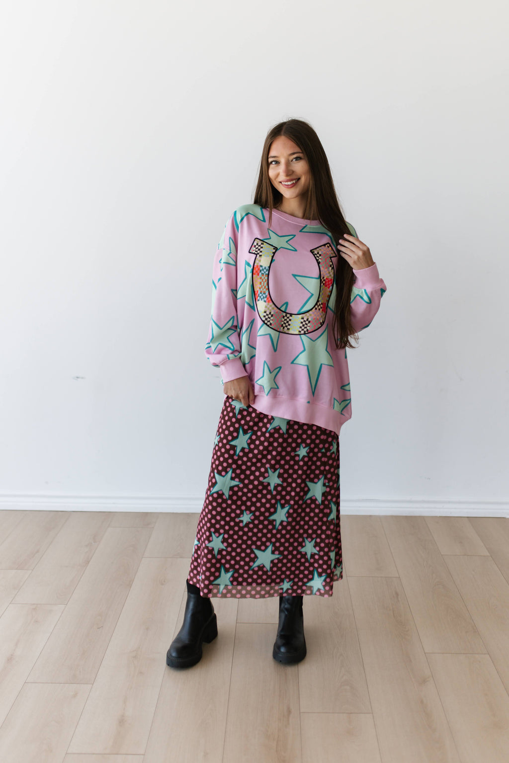 VR401 STAR BROWN PINK DOT MESH MAXI SKIRT (7 Piece)