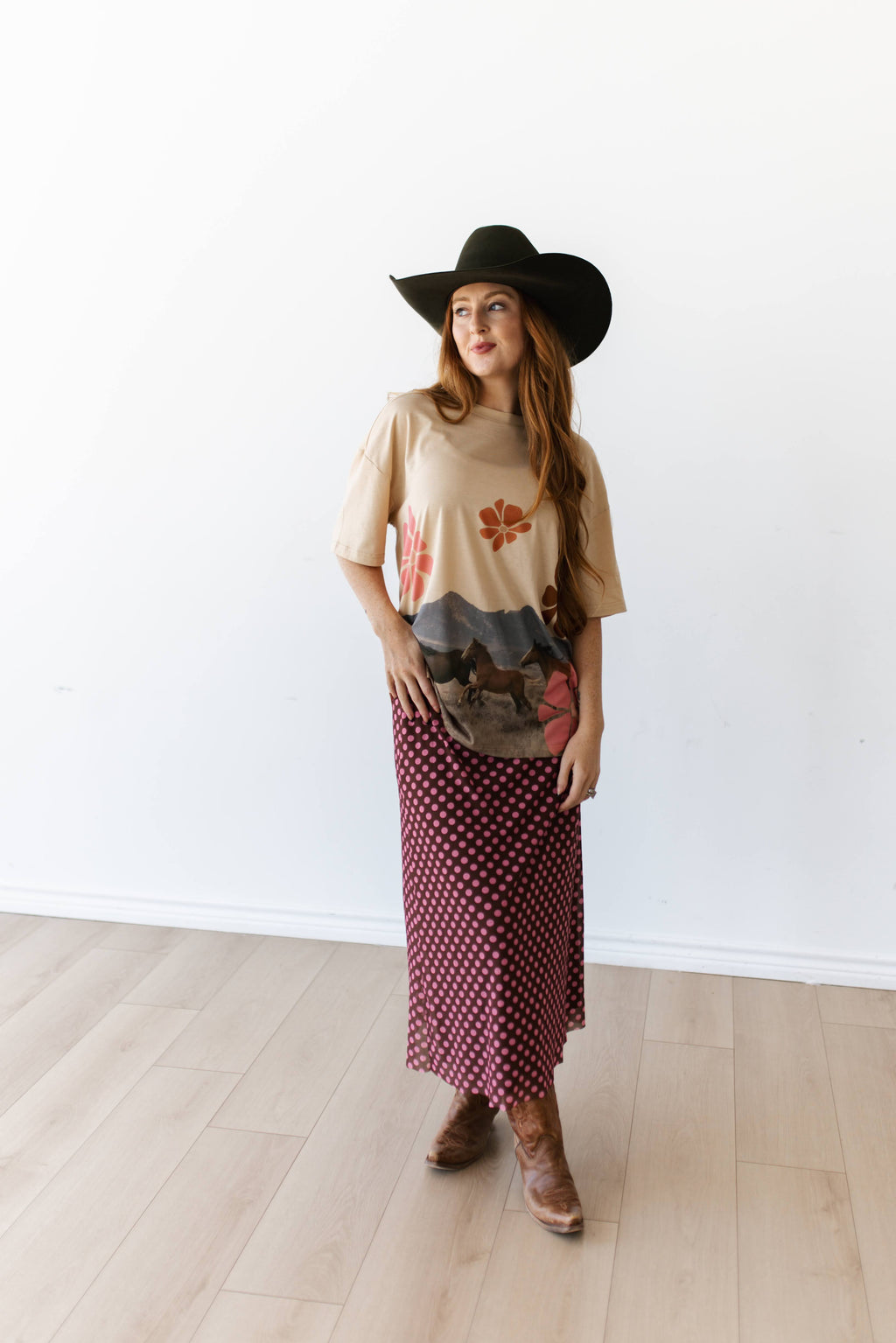 VR401 BROWN PINK DOT MESH MAXI SKIRT (7 Piece)