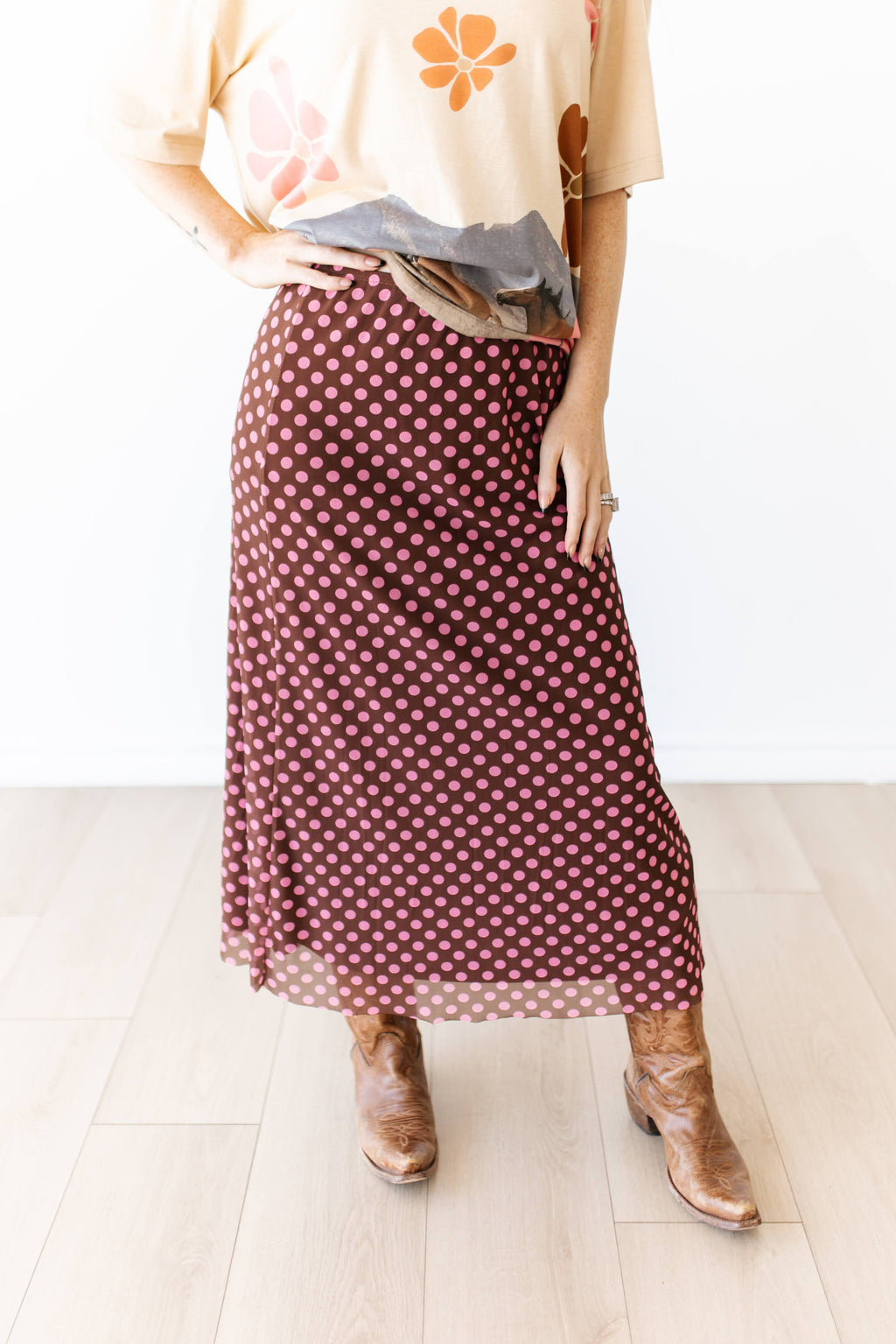 VR401 BROWN PINK DOT MESH MAXI SKIRT (7 Piece)